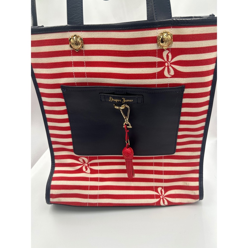 Draper James Red White Striped Canvas Leather Trim Tote Bag Bow Tassel Navy